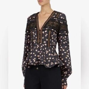 Self-Portrait Ditsy Floral Lace Printed Peplum Top Black 0
